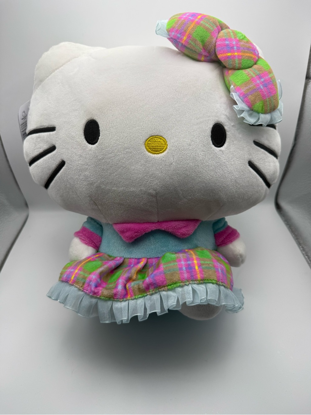 Hello Kitty White Plush with Pink, Green & Blue Plaid Dress - New With Tags